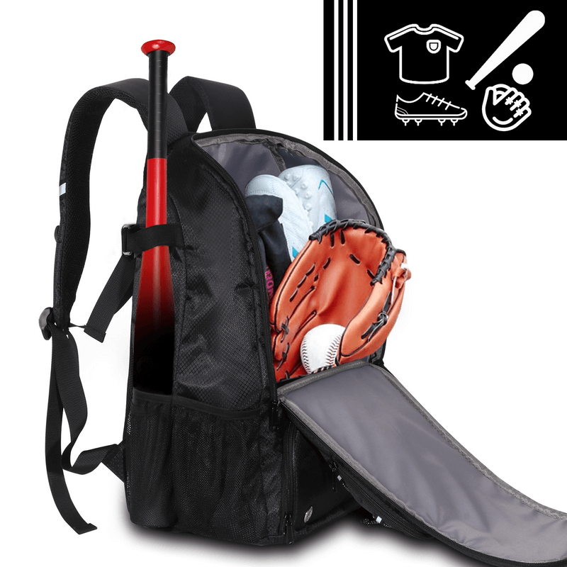 Stylish sports backpack with spacious pockets holding sports gear, durable nylon exterior, ideal for training.